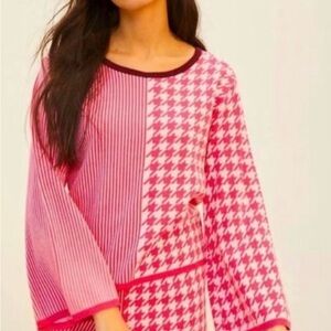 Anthropologie Pink Houndstooth & Stripe Mixed-Print Top & Short Set